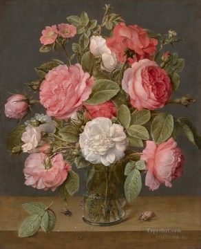  flowering Art - Jacob van Hulsdonck Rozen in een glazen vaas Flowering